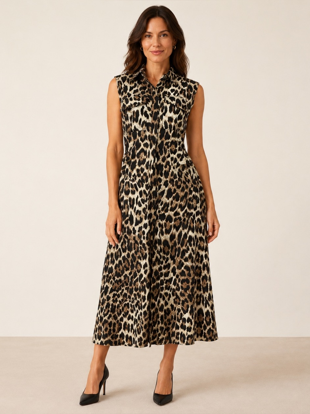 Sleeveless Leopard Print Midi Shirt Dress - Brown/Black
